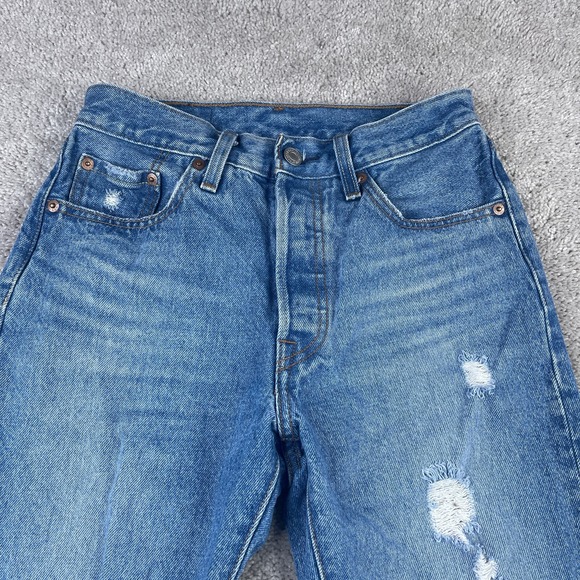 Levis 501 Jeans Womens 24x30 Blue Distressed Denim Button Fly High‎ Rise Pants - Picture 2 of 16